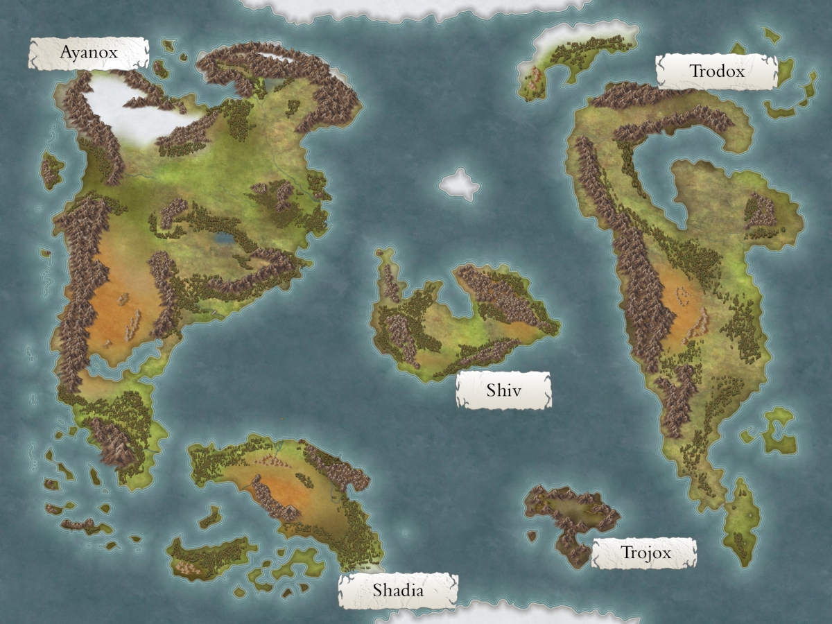 Aeldion Weltkarte
Kontinente (von links nach rechts)
Ayanox, Königreich der Menschen
Shadia, Imperium der Orani
Shiv, Hochkönigreich der Shivianer
Trodox, Königreich der Vilandri
Trojox, das Reich der Grauen